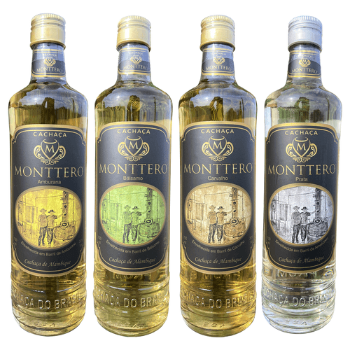 Caixa com 4 cachaças (1 amburana, 1 bálsamo, 1 carvalho, 1 prata) - Cachaça Monttero - 700ml