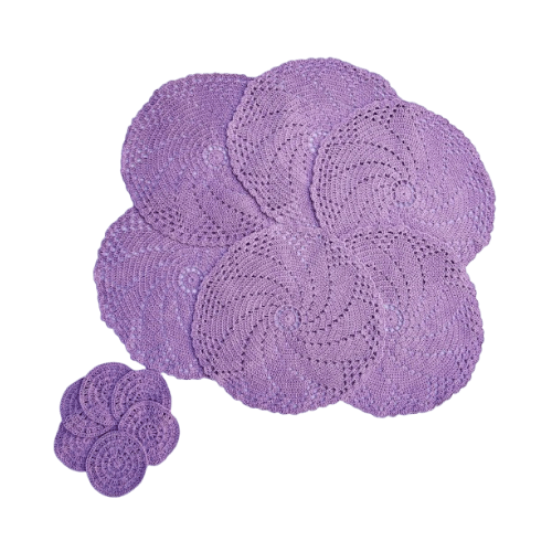 Kit Sousplat com Porta Copos em Crochê Cor Lavanda - Modo Crochê - 12 peças