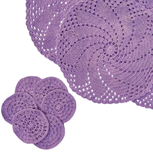 Kit Sousplat com Porta Copos em Crochê Cor Lavanda - Modo Crochê - 12 peças