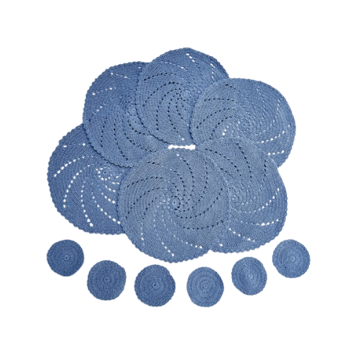 Kit Sousplat com Porta Copos em Crochê Cor Azul- Modo Crochê - 12 peças