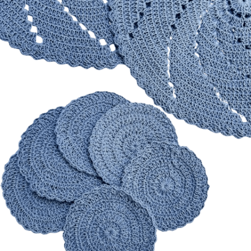 Kit Sousplat com Porta Copos em Crochê Cor Azul- Modo Crochê - 12 peças