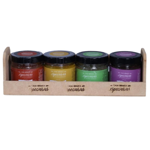 Kit de Temperos 4 sabores - Especiarias Casa Branca - 4 unidades de 220g  - Embalagem de madeira