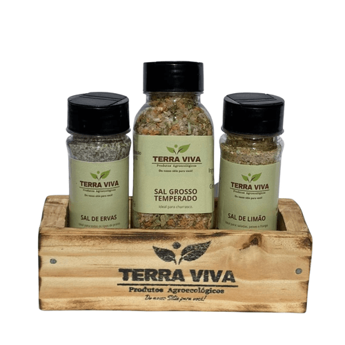 Kit 3 Sais Temperados -Caixa de Madeira - Terra Viva - Sal de Ervas-120g ; Sal de Limão-100g e Sal Grosso Temperado-200g