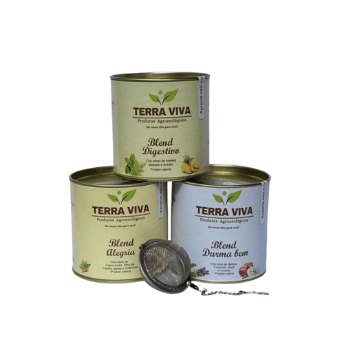 Kit Triplo de Chá Misto  - Terra Viva -  Blend Durma Bem-45g; Blend Alegria-30g ;  Blend Digestivo-45g e Infusor de chá